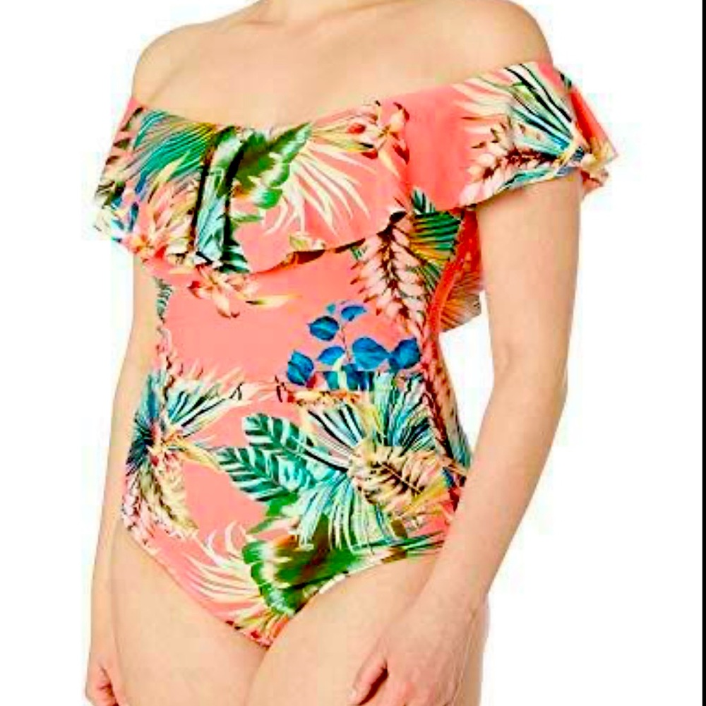 La Blanca Tropical Print One-Piece Swimsuit Size 16 Off-The-Shoulder Ruffle